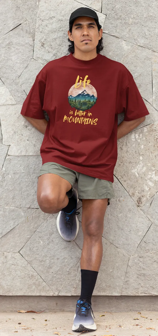 Maroon_Pure_Cotton_Oversized_Drop_Shoulder_Men_T-shirt_With_240_GSM_(Travel_Tshirt_Life_in_Mountain)