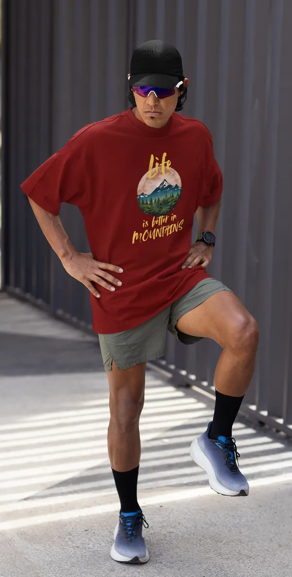 Maroon_Pure_Cotton_Oversized_Drop_Shoulder_Men_T-shirt_With_240_GSM_(Travel_Tshirt_Life_in_Mountain)