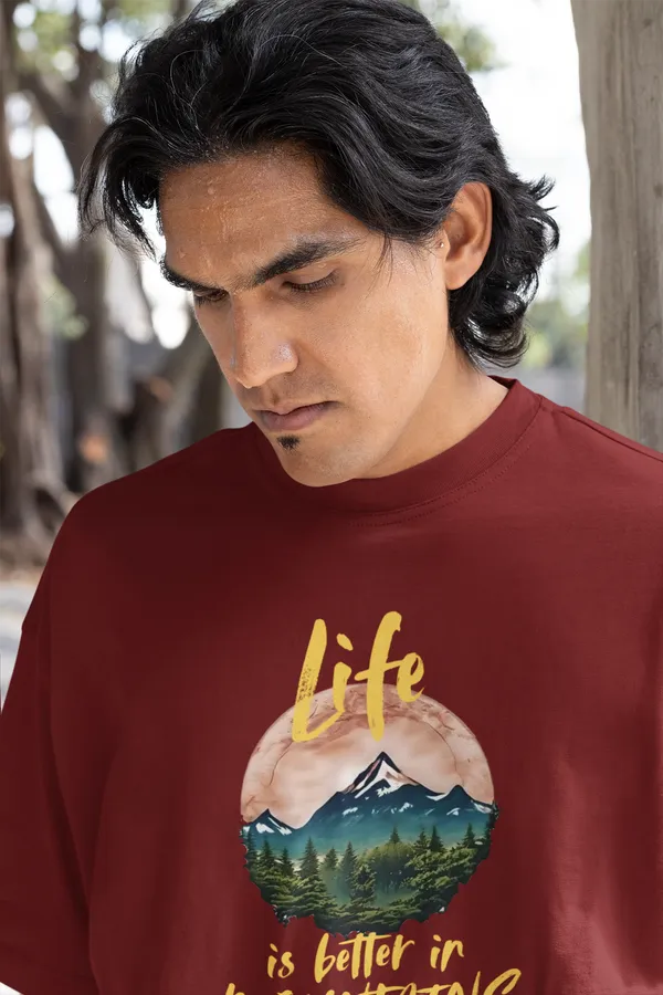Maroon_Pure_Cotton_Oversized_Drop_Shoulder_Men_T-shirt_With_240_GSM_(Travel_Tshirt_Life_in_Mountain)
