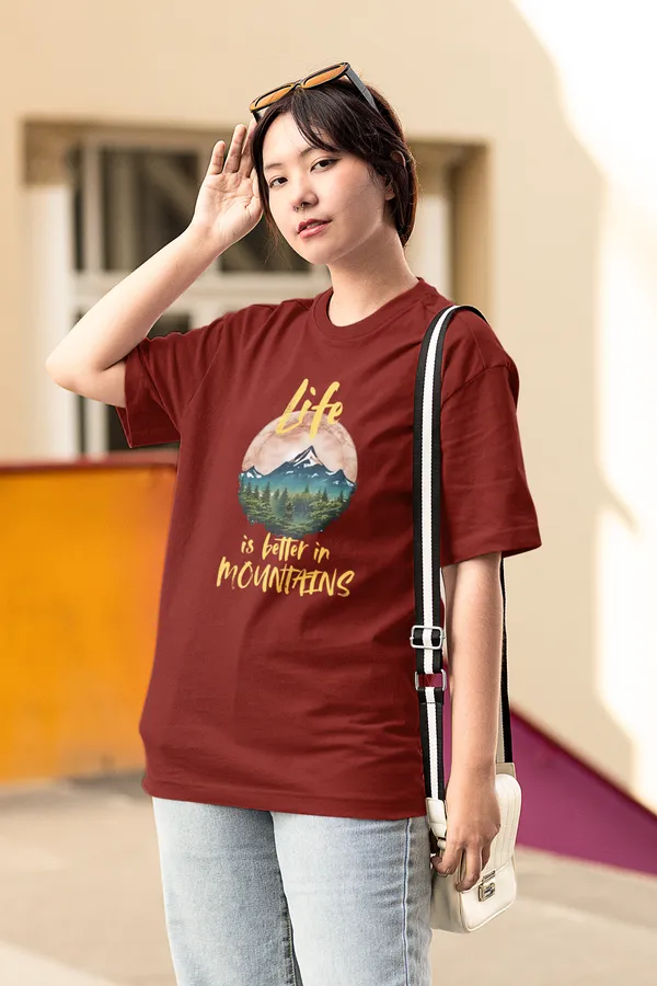 Maroon_Pure_Cotton_Oversized_Drop_Shoulder_Women_T-shirt_With_240_GSM_(Travel_Tshirt_Life_in_Mountain)