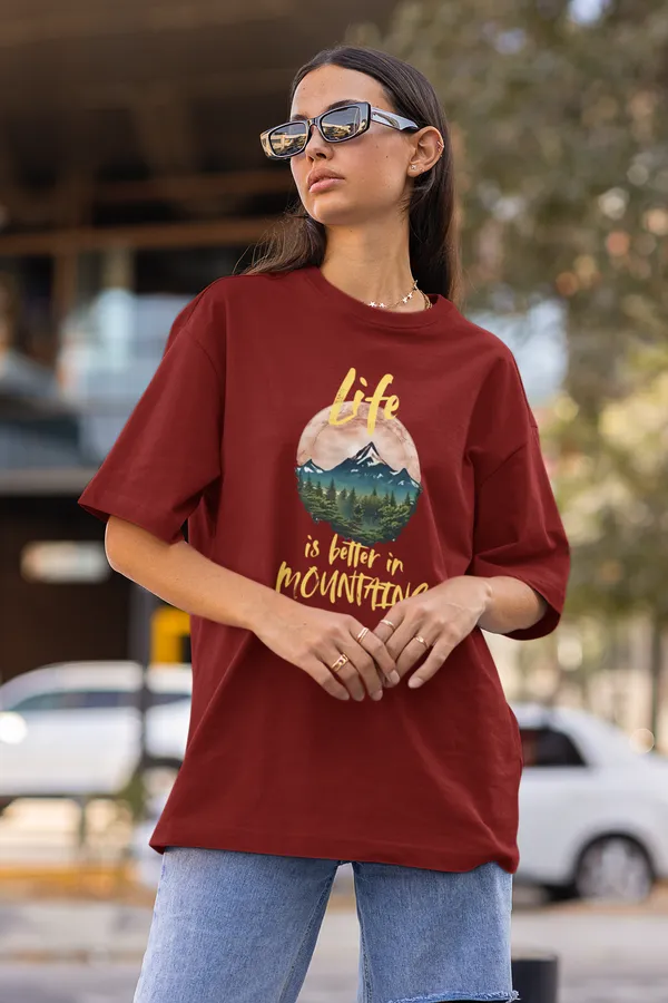 Maroon_Pure_Cotton_Oversized_Drop_Shoulder_Women_T-shirt_With_240_GSM_(Travel_Tshirt_Life_in_Mountain)