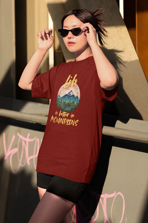 Maroon_Pure_Cotton_Oversized_Drop_Shoulder_Women_T-shirt_With_240_GSM_(Travel_Tshirt_Life_in_Mountain)