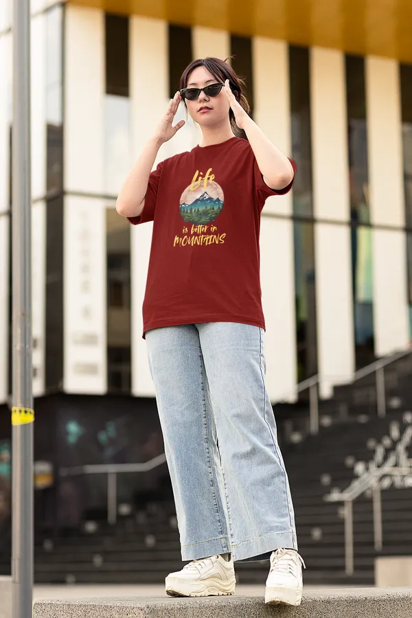 Maroon_Pure_Cotton_Oversized_Drop_Shoulder_Women_T-shirt_With_240_GSM_(Travel_Tshirt_Life_in_Mountain)