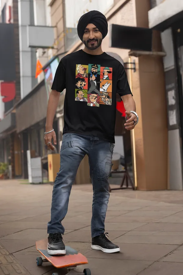 Black_Pure_Cotton_Oversized_Drop_Shoulder__T-shirt_With_240_GSM_(Tintin_All_Characters)_For_Men