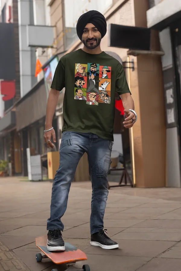 Forest_Green_Pure_Cotton_Oversized_Drop_Shoulder_Unisex_T-shirt_With_240_GSM_(Tintin_All_Characters)