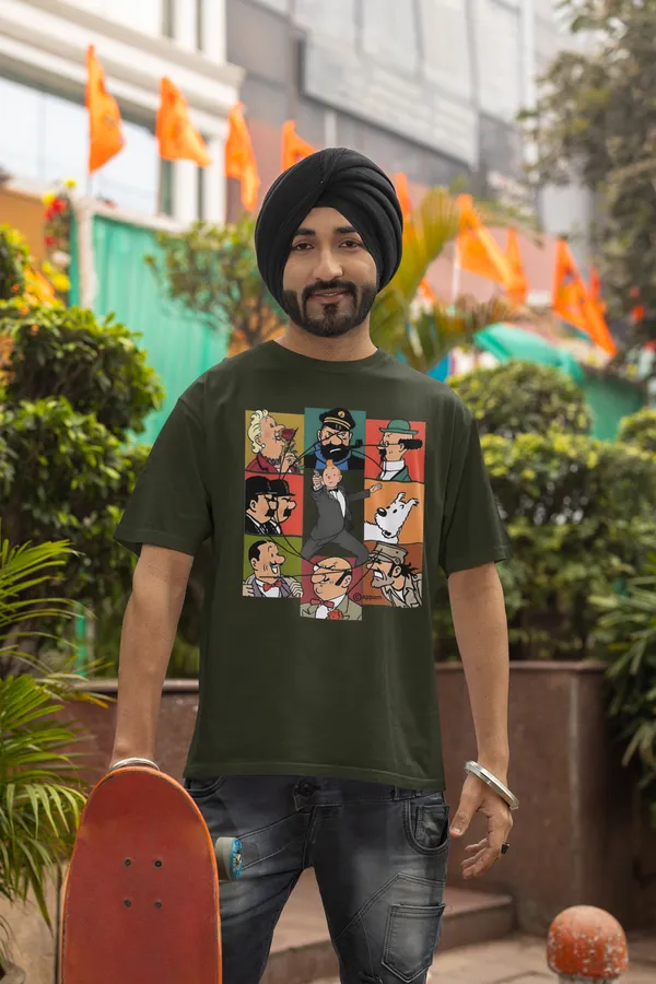 Forest_Green_Pure_Cotton_Oversized_Drop_Shoulder_Unisex_T-shirt_With_240_GSM_(Tintin_All_Characters)
