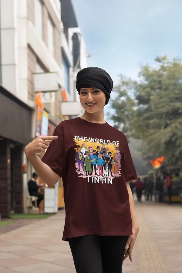 Maroon_Pure_Cotton_Oversized_Drop_Shoulder_Unisex_T-shirt_With_240_GSM_(World_Of_Tintin)