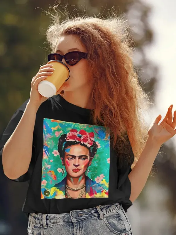 Black_Cotton_Oversized_Drop_Shoulder_Unisex_T-shirt_With_240_GSM_(Frida_Kahlo_Self_Portrait)
