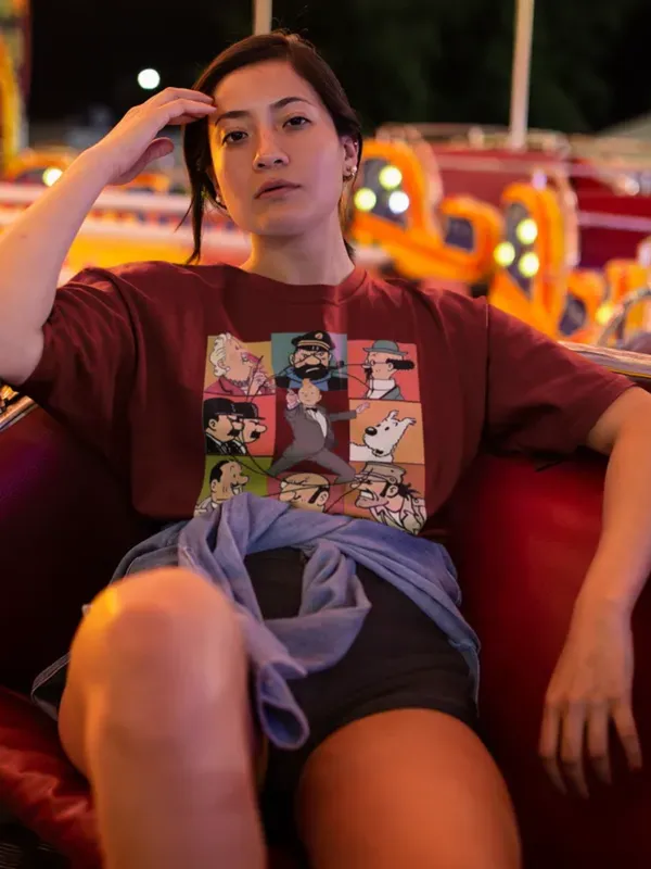 Maroon_Pure_Cotton_Oversized_Drop_Shoulder_Women_T-shirt_With_240_GSM_(Tintin_All_Characters)