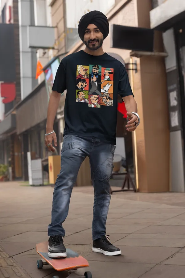 Darkest_Blue_Pure_Cotton_Oversized_Drop_Shoulder_T-shirt_With_240_GSM_(Tintin_All_Characters)_For_Men