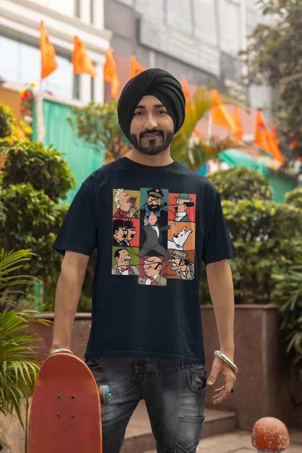Darkest_Blue_Pure_Cotton_Oversized_Drop_Shoulder_T-shirt_With_240_GSM_(Tintin_All_Characters)_For_Men