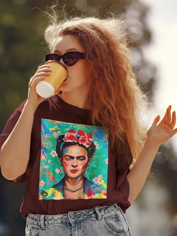 Maroon_Cotton_Oversized_Drop_Shoulder_Unisex_T-shirt_With_240_GSM_(Frida_Kahlo_Self_Portrait)