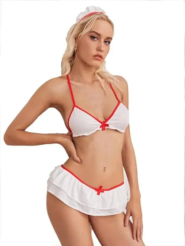 White_Regular_Solid_Baby_Doll_Lingerie_Set_|_For_Women