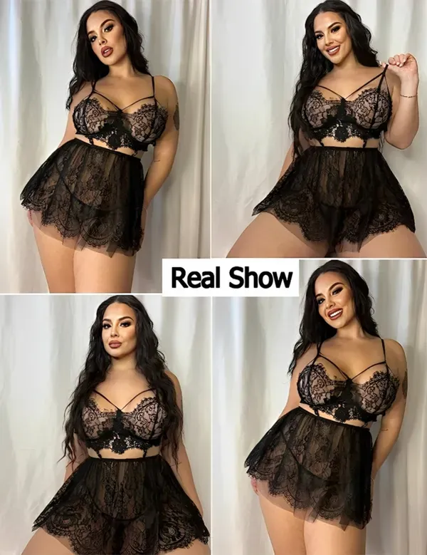 Black_Net_Lace_Self-Design_Sleeveless_Baby_Doll_Set_|_For_Women