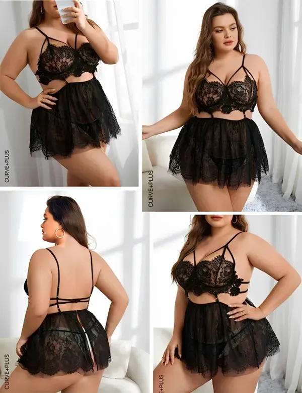 Black_Net_Lace_Self-Design_Sleeveless_Baby_Doll_Set_|_For_Women
