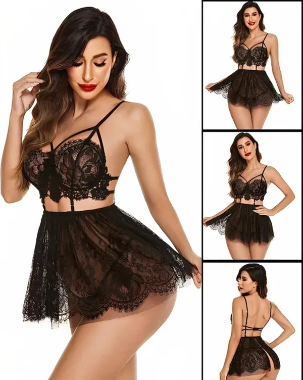 Black_Net_Lace_Self-Design_Sleeveless_Baby_Doll_Set_|_For_Women