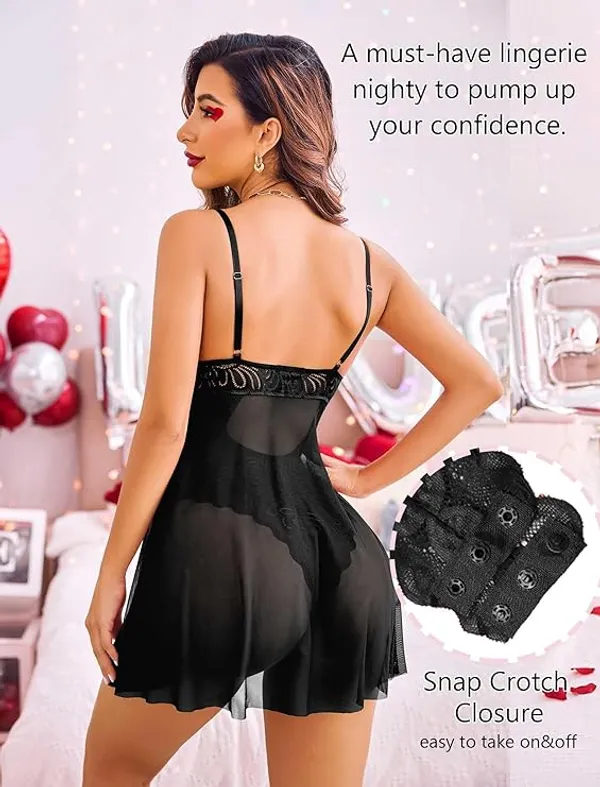 Black_Lace_Solid_Self_Design_Sleeveless_Baby_Doll_Nighty_|_For_Women
