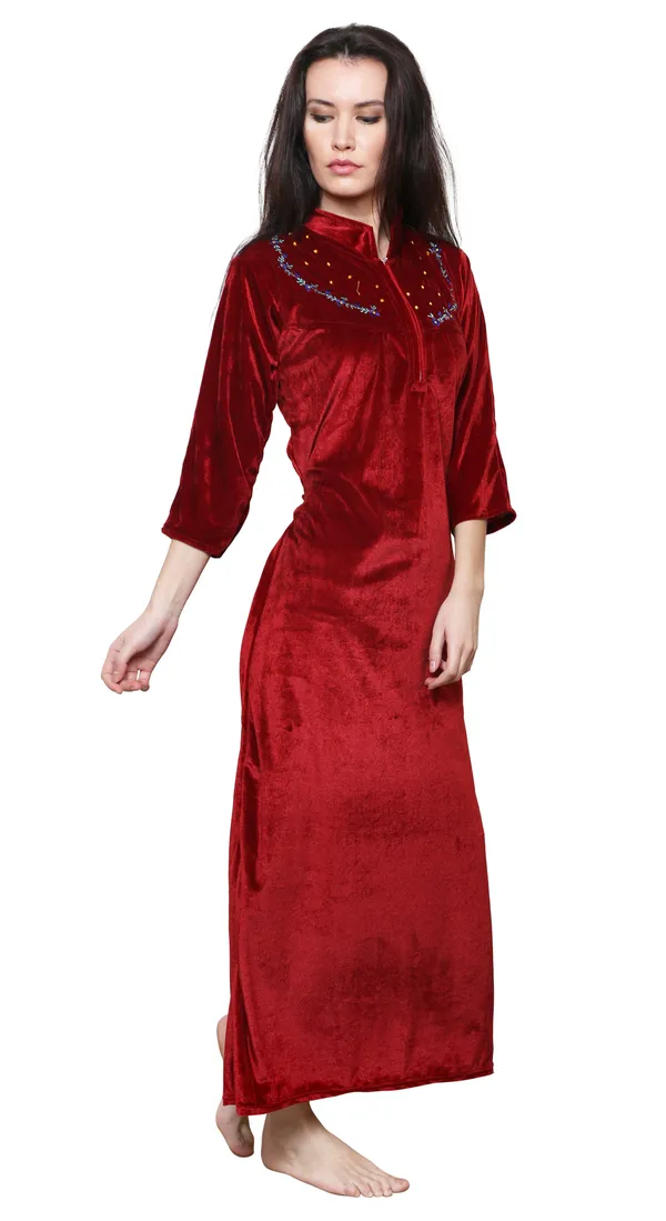 Maroon_Velvet_Solid_Nighty_For_Women