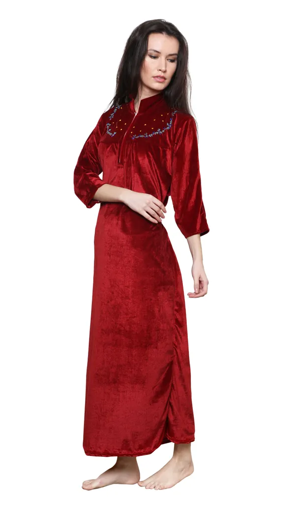 Maroon_Velvet_Solid_Nighty_For_Women