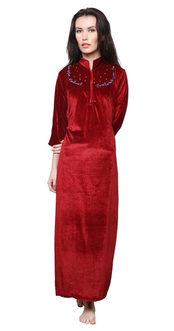 Maroon_Velvet_Solid_Nighty_For_Women