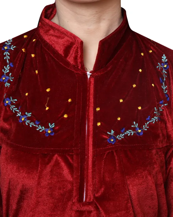 Maroon_Velvet_Solid_Nighty_For_Women