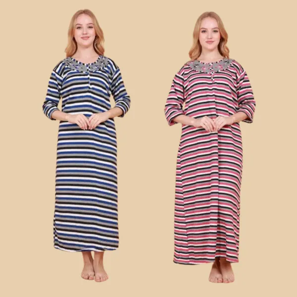 Pack_of_2_Woolen_Nighty_|_Multicolor_Fleece_Embroidery_With_Stripe_Design_Maxi_For_Women