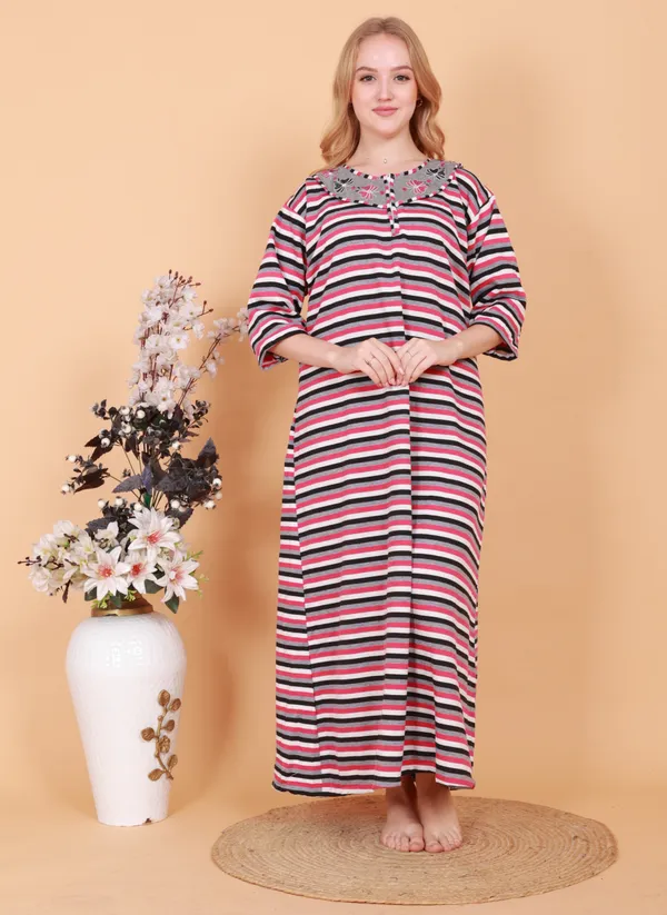 Multicolor_Fleece_Embroidery_With_Strpe_Nighty_For_Women