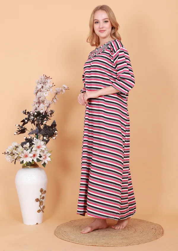 Multicolor_Fleece_Embroidery_With_Strpe_Nighty_For_Women
