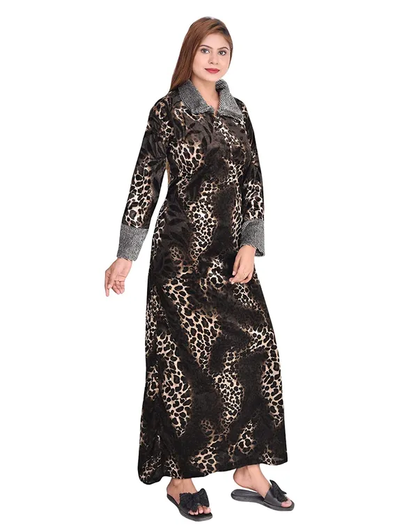 Brown_Velvet_Printed_Nighty_For_Women