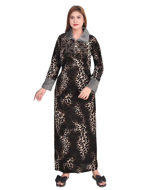 Brown_Velvet_Printed_Nighty_For_Women
