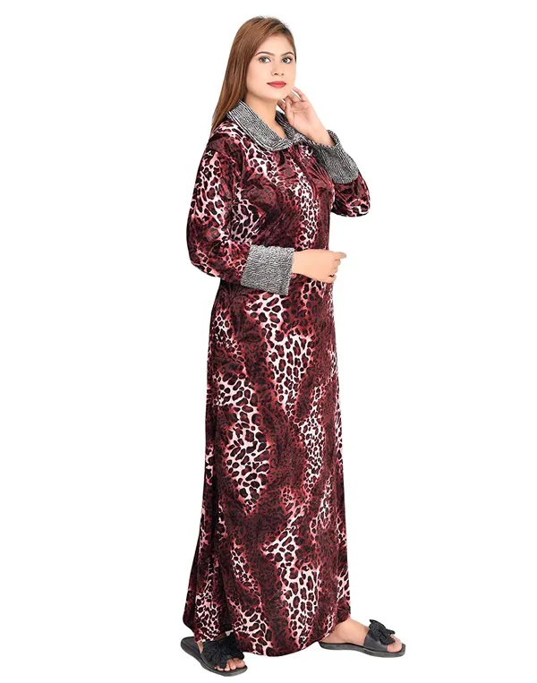 Wine_Velvet_Printed_Nighty_For_Women