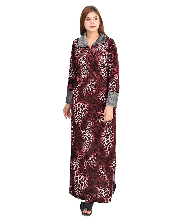 Wine_Velvet_Printed_Nighty_For_Women