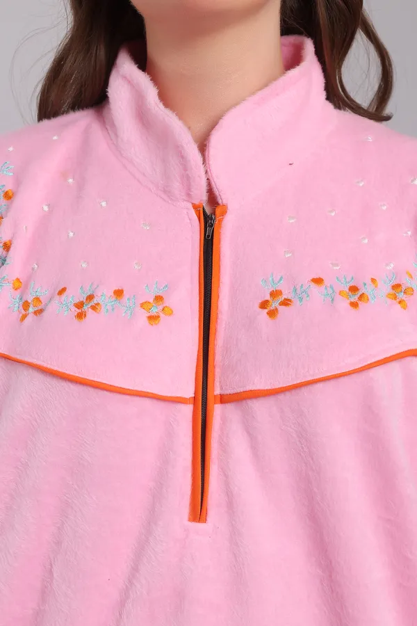 Baby_Pink_Woolen_Embroidery_Nighty_For_Women_With_Front_zip_and_side_pocket