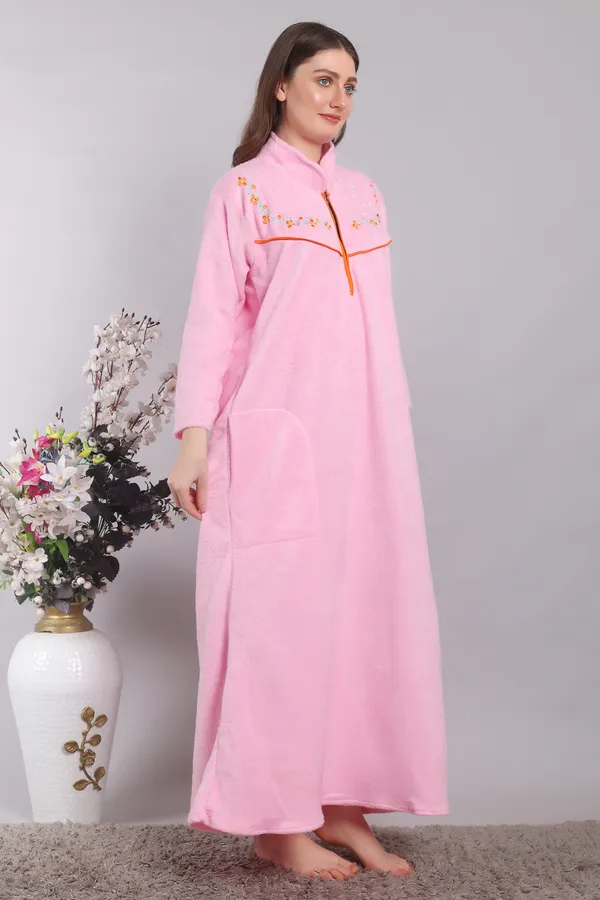 Baby_Pink_Woolen_Embroidery_Nighty_For_Women_With_Front_zip_and_side_pocket