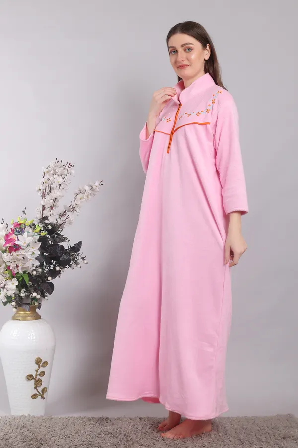 Baby_Pink_Woolen_Embroidery_Nighty_For_Women_With_Front_zip_and_side_pocket