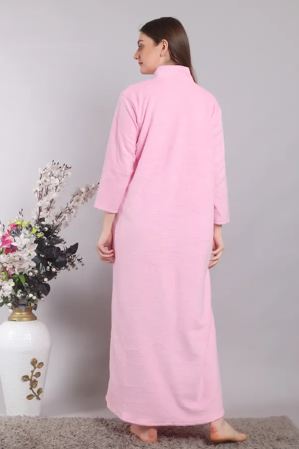 Baby_Pink_Woolen_Embroidery_Nighty_For_Women_With_Front_zip_and_side_pocket