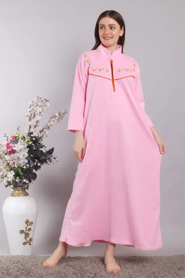 Baby_Pink_Woolen_Embroidery_Nighty_For_Women_With_Front_zip_and_side_pocket