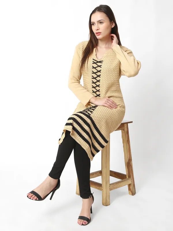 Beige_Wool_Blend_Solid_Kurti_For_Women