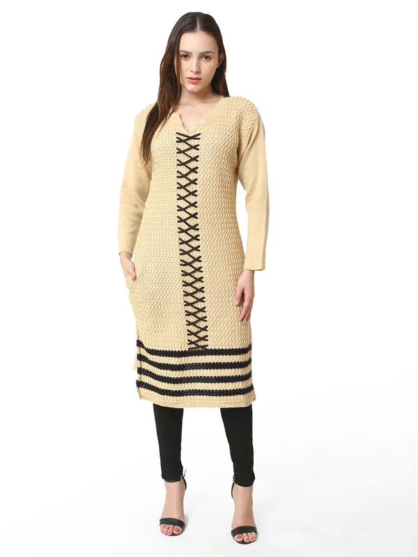 Beige_Wool_Blend_Solid_Kurti_For_Women