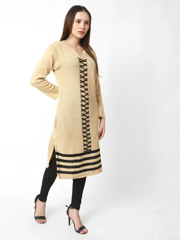 Beige_Wool_Blend_Solid_Kurti_For_Women