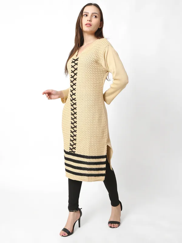 Beige_Wool_Blend_Solid_Kurti_For_Women