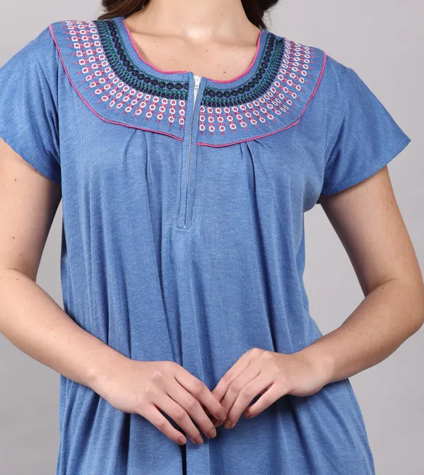 Blue_Solid_Embroidery_Cotton_Nighty_For_Women_best_for_Summer