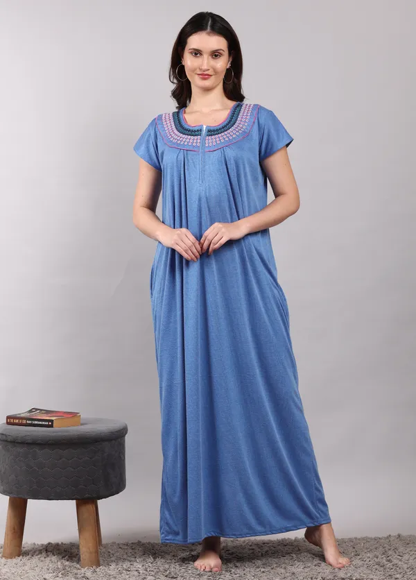 Blue_Solid_Embroidery_Cotton_Nighty_For_Women_best_for_Summer