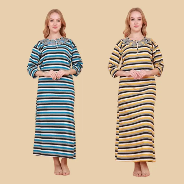 Pack_of_2_Woolen_Nighty_|_Multicolor_Fleece_/Cotswool_Embroidery_With_Stripe_Design_Maxi_For_Women