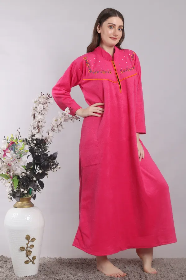 Dark_Pink_Woolen_Embroidery_Nighty_For_Women_with_Pocket_and_Front_Zip.