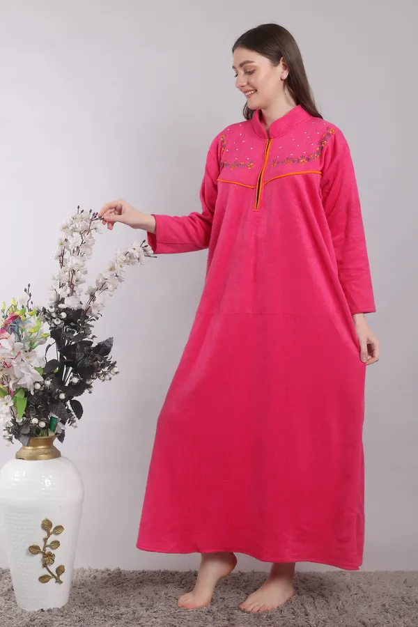Dark_Pink_Woolen_Embroidery_Nighty_For_Women_with_Pocket_and_Front_Zip.