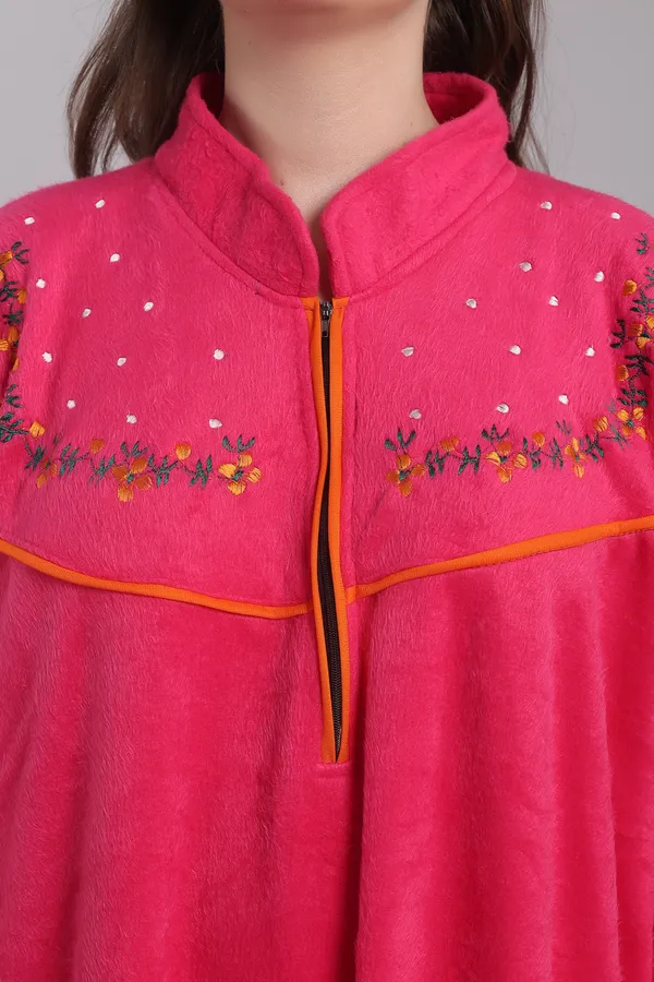 Dark_Pink_Woolen_Embroidery_Nighty_For_Women_with_Pocket_and_Front_Zip.