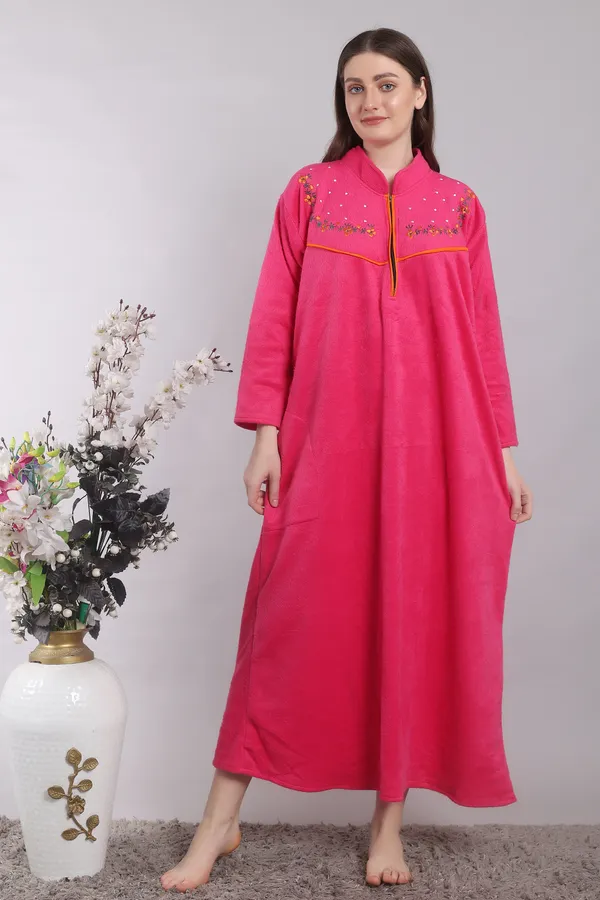 Dark_Pink_Woolen_Embroidery_Nighty_For_Women_with_Pocket_and_Front_Zip.