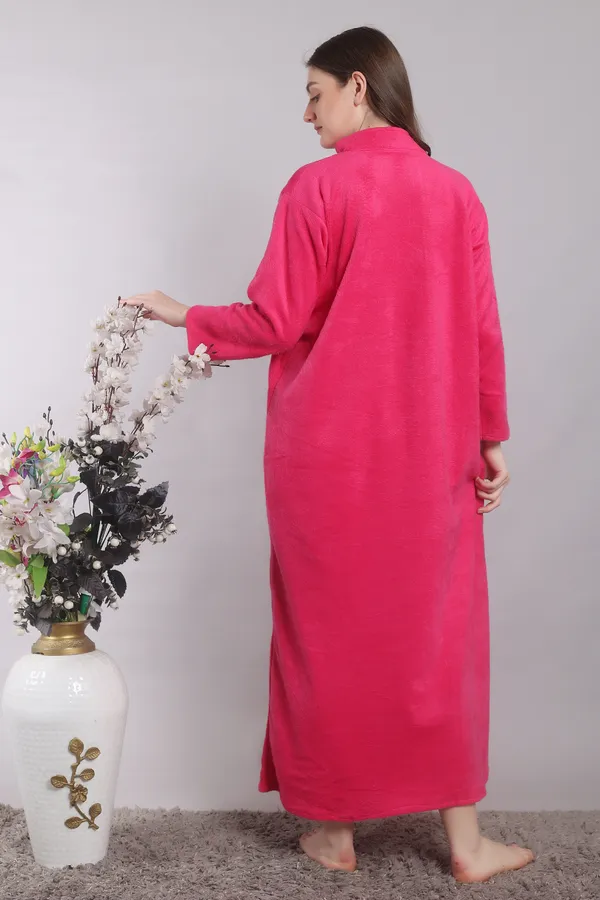 Dark_Pink_Woolen_Embroidery_Nighty_For_Women_with_Pocket_and_Front_Zip.