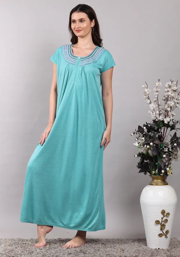 Green_Solid_Embroidery_Cotton_Nighty_For_Women_Best_for_Summer